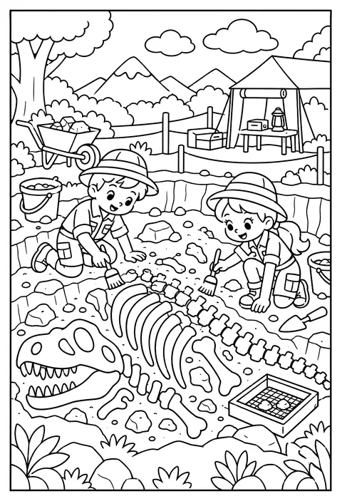A dinosaur dig site coloring page