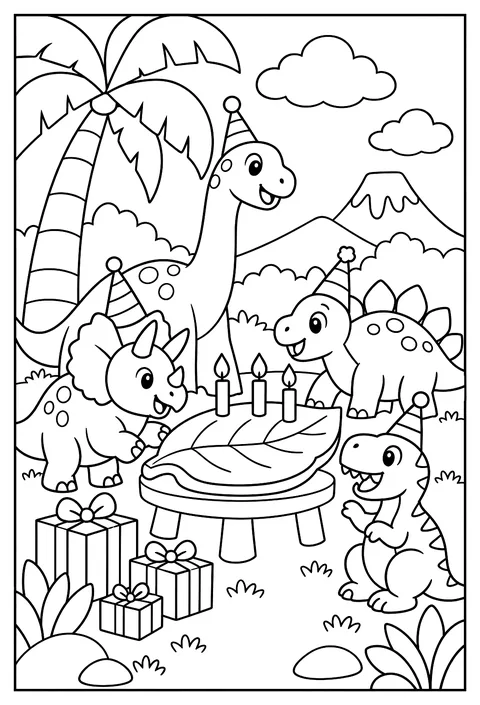 Dinosaurs having a birthday party under a palm tree, the cake is a giant leaf coloring page