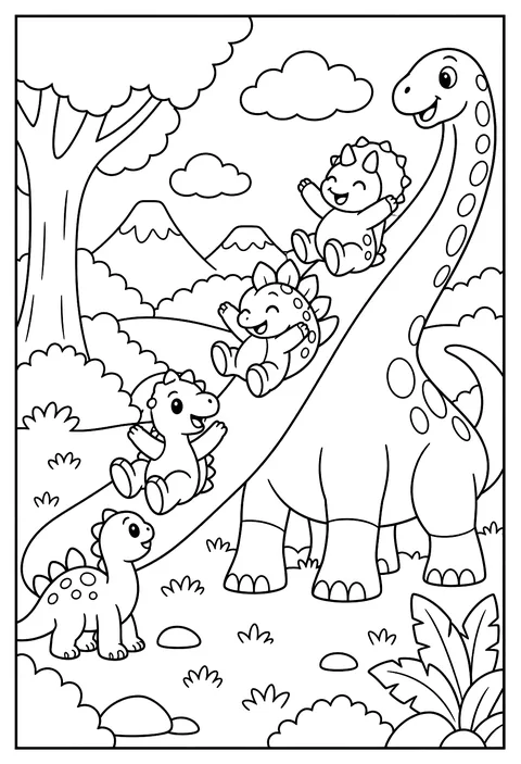 A diplodocus using its long neck as a slide for baby dinosaurs coloring page