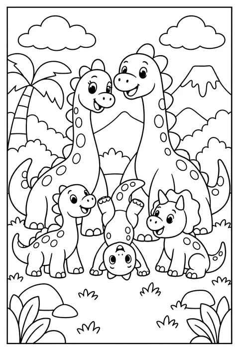 A dinosaur family portrait in a frame coloring page