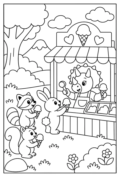 A dinosaur ice-cream shop with a triceratops scooping cones for tiny mammals coloring page