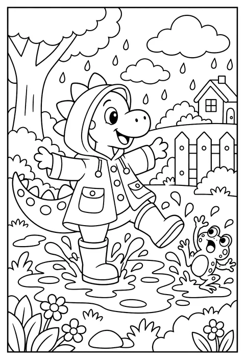 A dinosaur in a raincoat and boots jumping in a giant puddle, splashing a frog coloring page