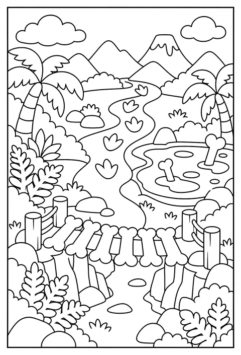 A map of Dino Valley with a bone bridge, a fern jungle, a tar-pit lake and a footprint trail coloring page