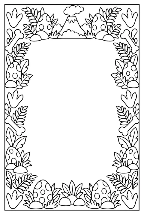 A page-border pattern of dinosaur footprints, bones, ferns and eggs with an empty center coloring page