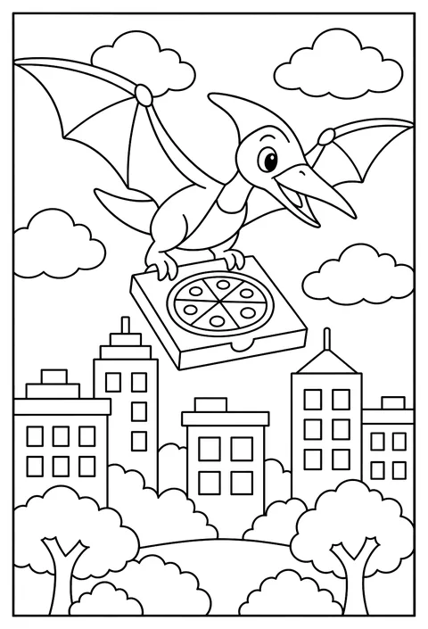 A pterodactyl pizza delivery coloring page