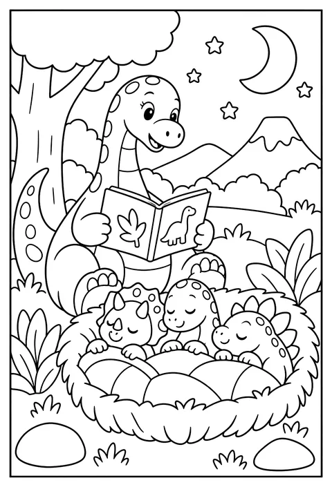 A dinosaur reading a bedtime story to three sleepy baby dinos in a nest coloring page