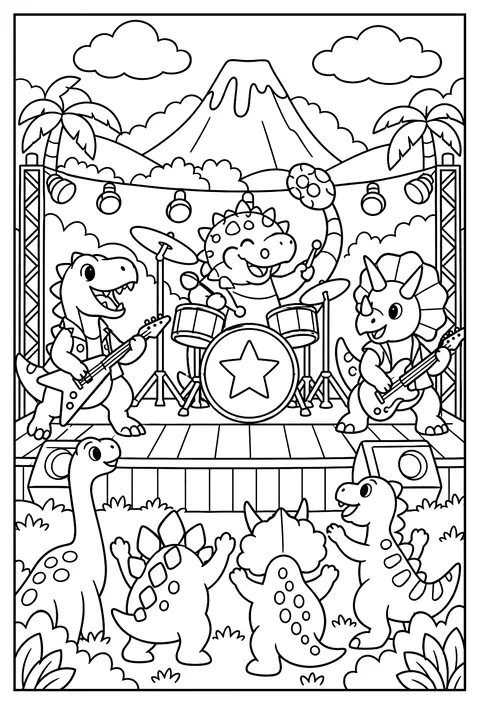 A dinosaur rock concert with a drummer ankylosaurus using its tail as a drumstick coloring page
