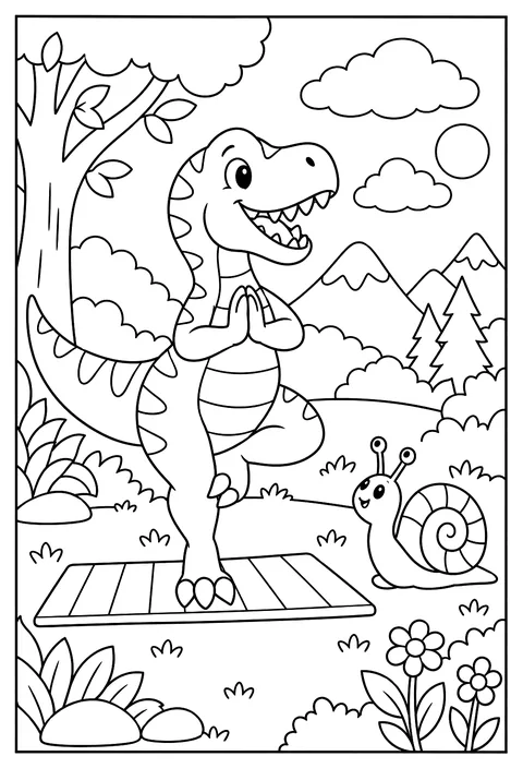 A T-rex doing yoga, balancing on one leg while a snail watches coloring page