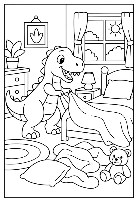 A T-rex trying to make a bed with its tiny arms, blankets everywhere coloring page