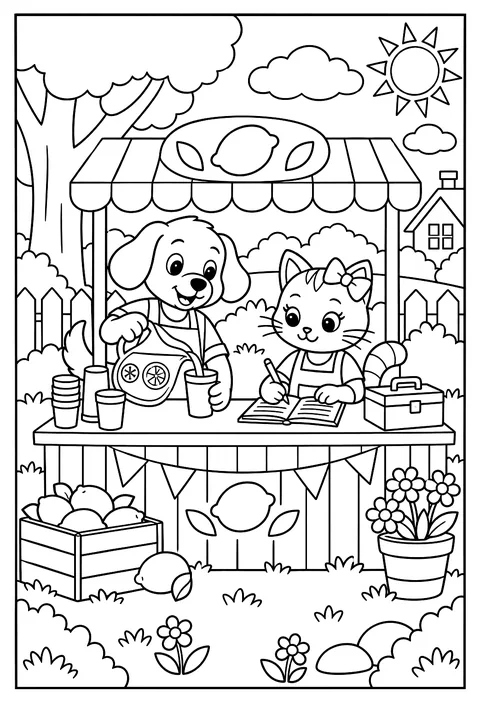 A dog and a cat opening a lemonade stand, the cat does the accounting coloring page