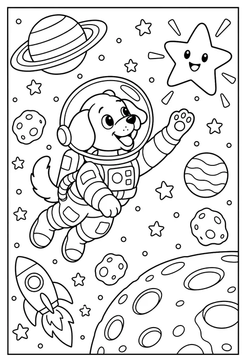 A dog astronaut fetching a star in space coloring page
