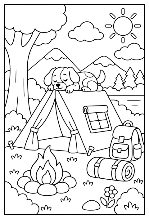 A dog camping trip, the dog sleeps on top of the tent coloring page