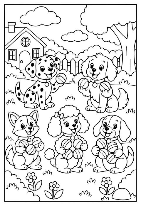 Count-and-color: five dogs holding one to five balls coloring page