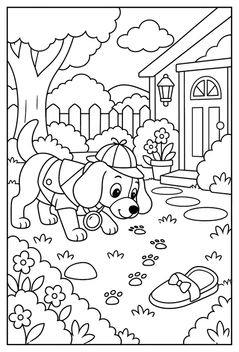 A dog detective sniffing out a lost slipper coloring page