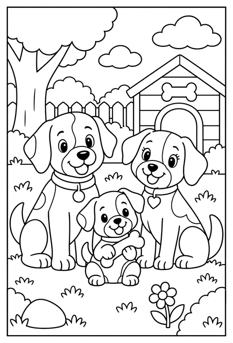A dog family portrait, the smallest puppy in front holding a bone coloring page