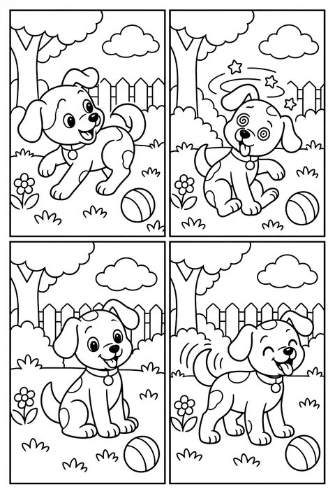 Four-panel comic: a dog chases its tail, gets dizzy, sits down, wags coloring page