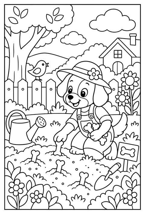 A dog gardener burying seeds like bones coloring page