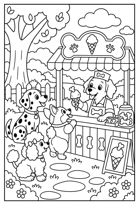 A dog ice-cream shop serving peanut-butter cones coloring page