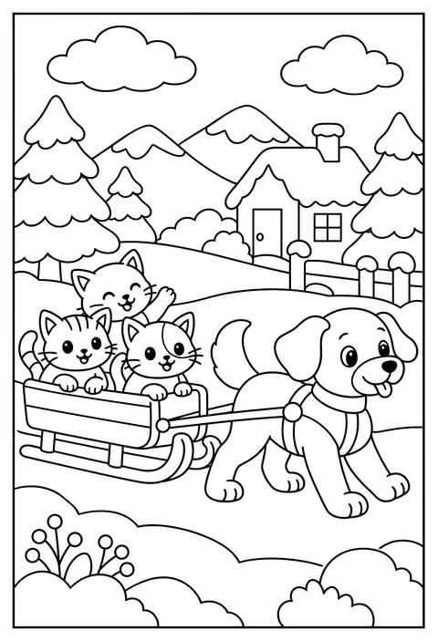 A dog in a snow scene pulling a sled full of kittens coloring page