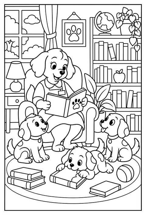 A dog librarian reading to puppies, one is chewing a book coloring page