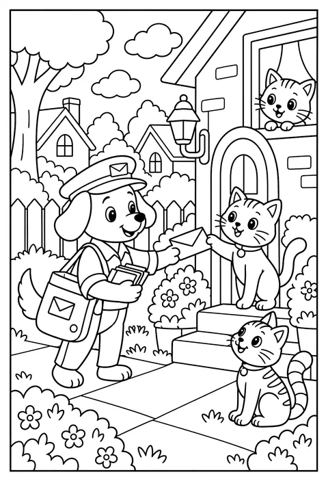 A dog mail carrier delivering letters to a street of cats coloring page
