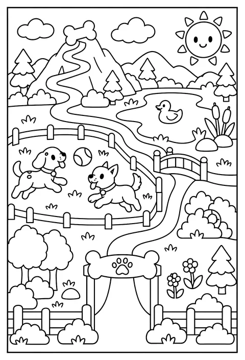 A map of Dog Park World with a fetch field, a puddle lake, a bone mountain and a hidden ball coloring page