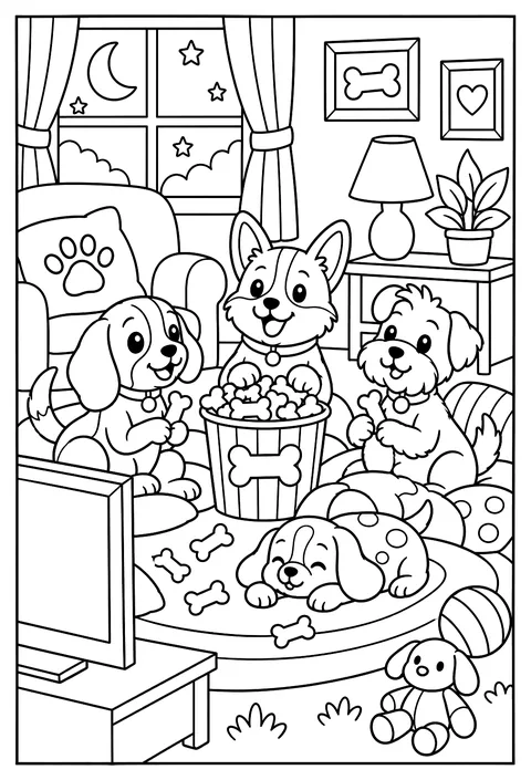A dog movie night with a bucket of biscuits coloring page