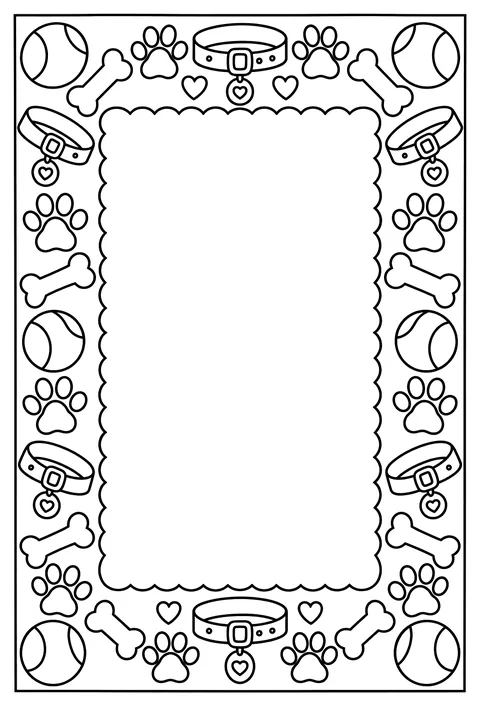 A page-border pattern of paw prints, bones, balls and collars around an empty frame coloring page