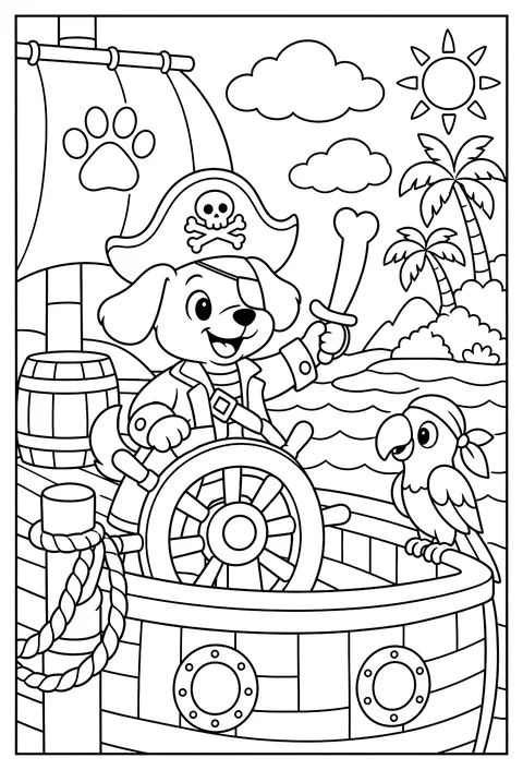 A dog pirate with a bone-shaped sword steering a ship coloring page