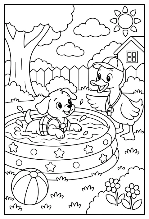 A puppy learning to swim in a kiddie pool with a duck coach coloring page
