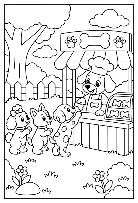 A dog running a bone bakery with a line of puppies at the counter coloring page