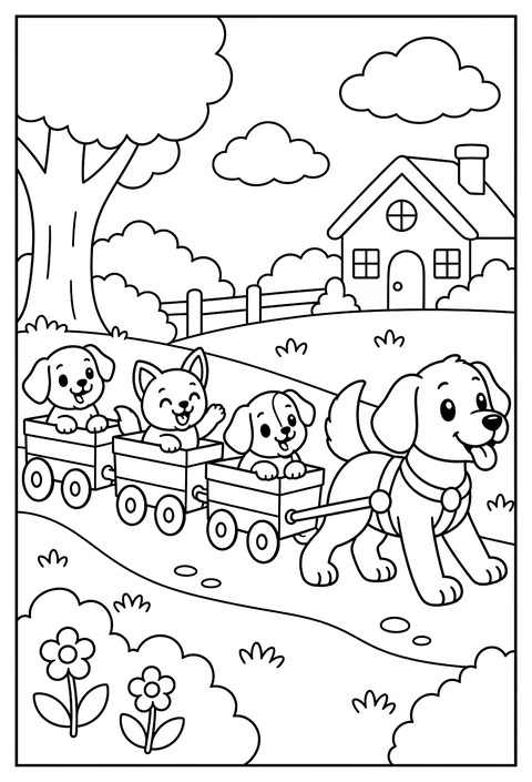 A dog train: dogs in wagons pulled by a big dog coloring page