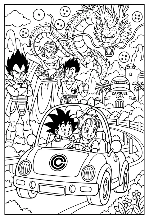 Bulma driving a small capsule car with Goku riding in the back seat coloring page