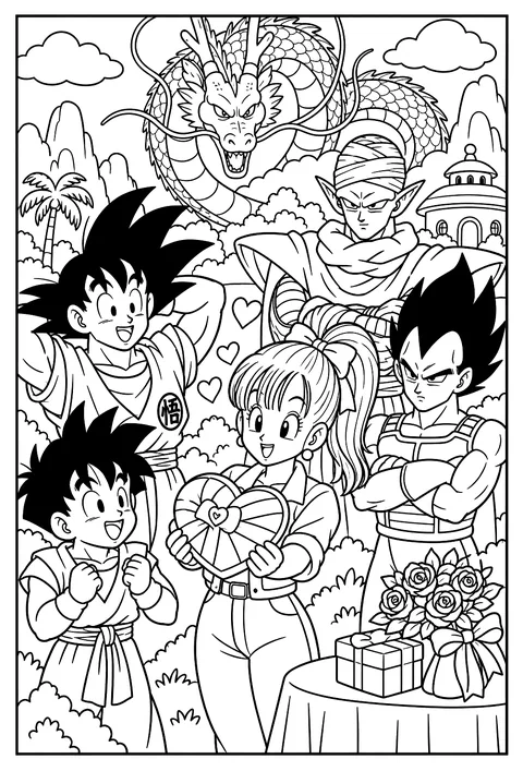 Bulma holding a heart-shaped box of chocolates for Valentine's Day coloring page
