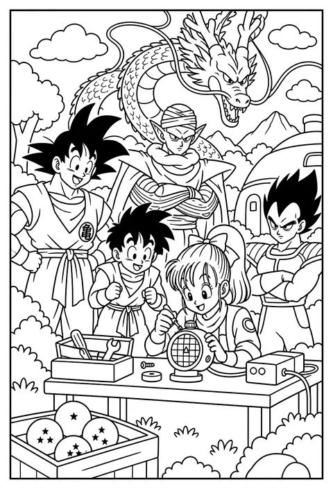 Bulma working at a workbench with the beeping Dragon Radar device coloring page