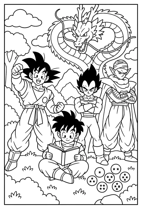 Gohan reading a book while wearing his orange training gi coloring page
