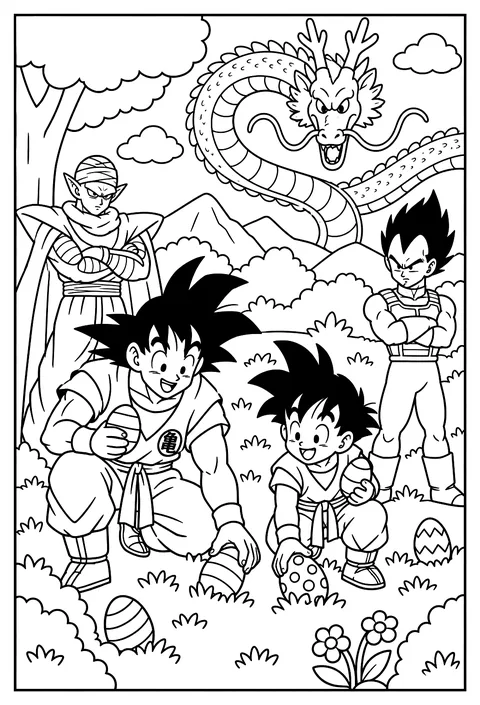 Goku and Gohan hunting Easter eggs together in a grassy field coloring page
