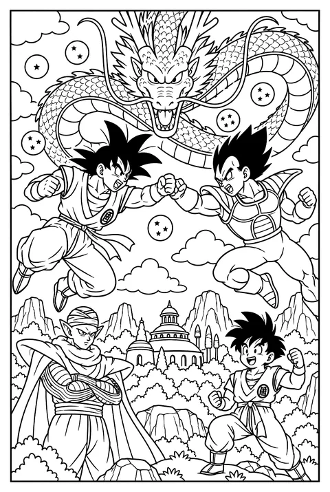 Goku and Vegeta sparring in mid-air with their fists clashing coloring page