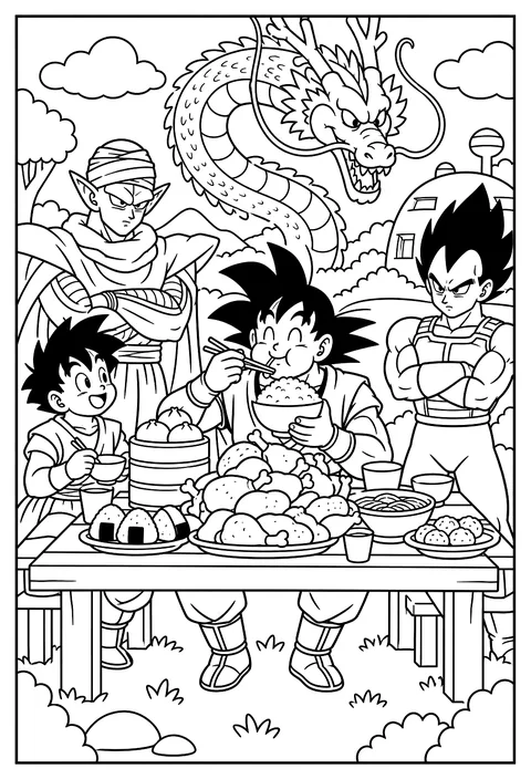 Goku eating an enormous stack of food piled high on the dinner table coloring page