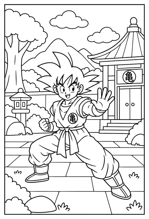 Goku practicing martial arts forms alone in a quiet dojo yard coloring page