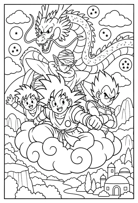 Goku riding the Flying Nimbus cloud through a bright sky coloring page
