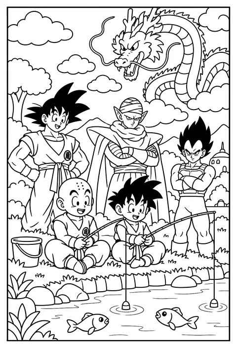 Krillin and Gohan fishing together from a quiet riverbank coloring page