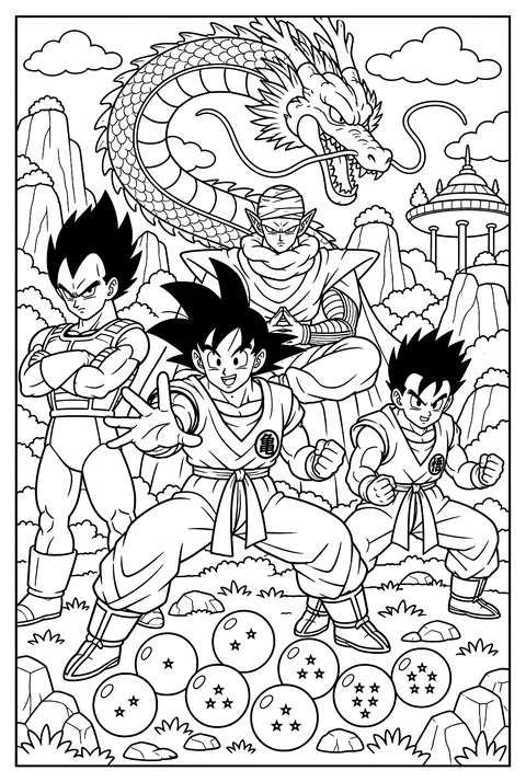 Piccolo meditating cross-legged with his cape draped around him coloring page