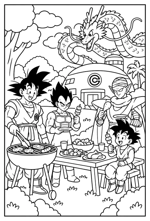 The group having a barbecue picnic at Capsule Corp with a table full of food coloring page