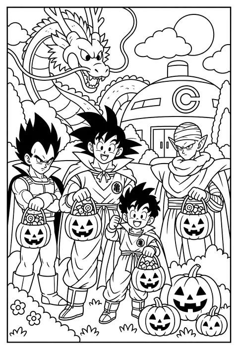 The group in Halloween costumes gathered around carved pumpkins at Capsule Corp coloring page