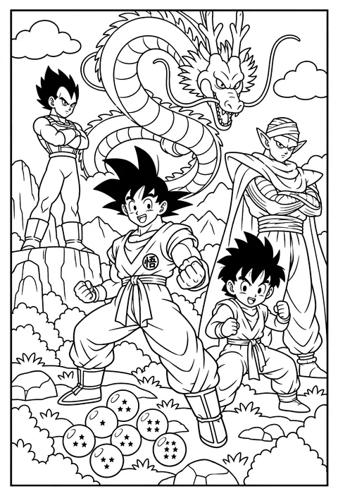 Vegeta standing with arms crossed on a rocky cliff coloring page