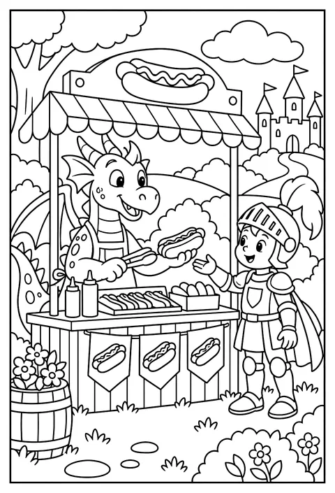 A dragon and a knight opening a hot-dog stand together coloring page
