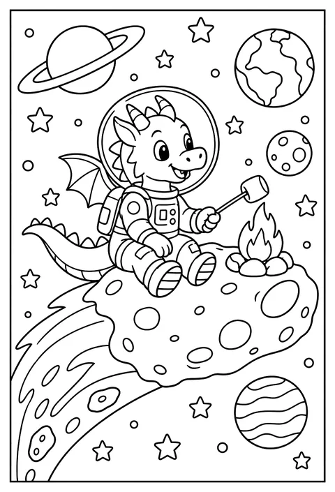 A dragon astronaut roasting a marshmallow on a comet coloring page