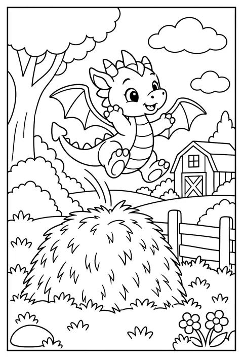 A baby dragon learning to fly, bouncing off a haystack coloring page