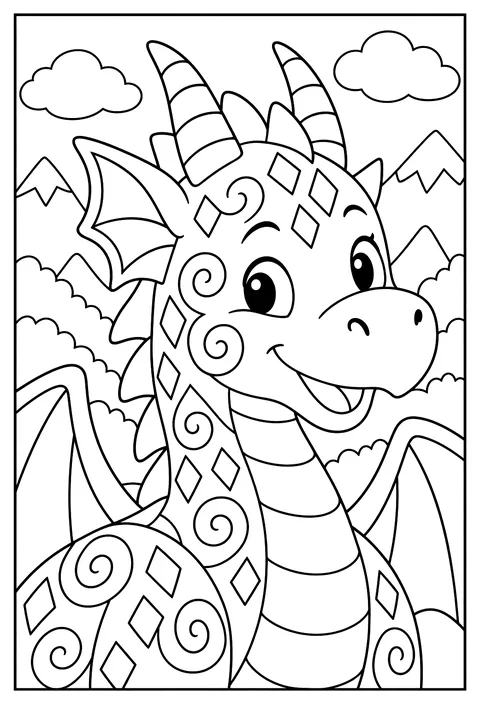 Close-up portrait of a dragon whose scales form a pattern of swirls and diamonds to color coloring page